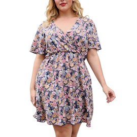 Nemidor Womens Casual V-Neck Plus Size Summer Boho Swing Wrap Dress with Pockets NEM266(Blue Pink,18W)