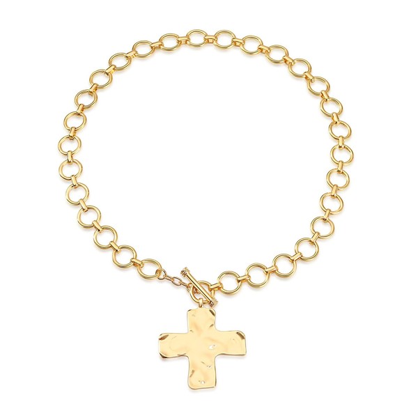 GlamRays Cross Necklace Statement Gold Cross Pendant Necklace Embossed Impressive