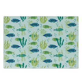 Lunarable Aquarium Cutting Board, Different Tropical Fish and Seaweeds Exotic Marine Watercolor Artwork, Decorative Tempered Glass Cutting and Serving Board, Small Size, Avocado Green Teal Blue
