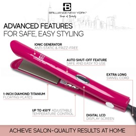 Brilliance New York - 1 Inch Diamond Titanium Flat Iron - 2 in 1 Hair Straightener and Curler - Anti-Static, Frizz-Free Ionic Plates - Auto Shut-Off Dual Voltage Flat Iron w/LCD Display