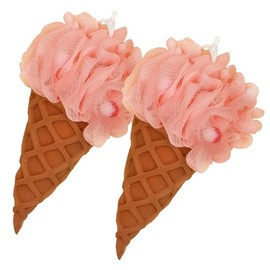 Cait + Co Cute Deep Cleansing Body Pouf Loofa Scrubber for Bath and Shower, Soft Sponge with Mesh, Pink Ice Cream Cone