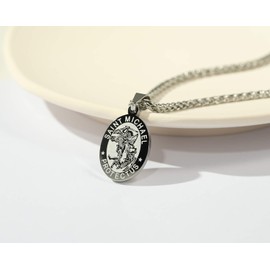 RS Silver St Saint Michael Medal Necklace for Men Boys Stainless Steel Pendant Chain Catholic Religious Baptism First Communion Confirmation Jewelry Gifts Teen Teenage Him Son