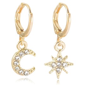 Clyhon Women's Gold Hoop Earrings with Small Zirconia Pendant Moon & Stars Pendant for Women Girls Earrings Gold 10K Gold-Plated Hoop Earrings Set, Metallo