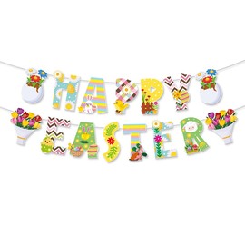 Happy Easter Banner, Easter Chicken Egg Flower Happy Easter Bunny Banner, 15Pcs Spring Felt Easter Banner Garland For Wall Door Indoor Outdoor Garden Home Party Decoration