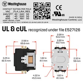 Westinghouse HVAC Contactor, 2 Pole, 40 Amp, 240V Coil, Line & Load Lugs, A2L Compliant Definite Purpose AC Contactor, UL Recognized & Approved for UL 60335