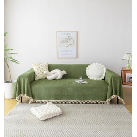 HANDONTIME Green Sofa Cover Vintage Couch Cover for Dogs 91" X134" Couch Cushion Covers with Tassel Herringbone Sofa Cover Boho Sofa Covers for 3 Cushion Couch Chenille Soft Loveseat Sofa Covers