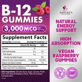 B12 Vitamins Energy Gummies 3000 mcg - Extra Strength B 12 Gummy for Metabolism & Immune System Support - Chewable Dietary B12 Supplements for Adults & Kids Caffeine Free Gummy Vitamin - 60 Gummies