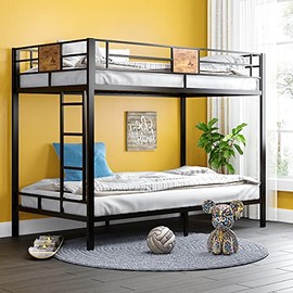 SHA CERLIN Metal Twin Bunk Bed Frame with Stairs & Full-Length Guardrail, Space-Saving, No Box Spring Needed, Noise Free, Black