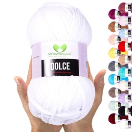 MeriWoolArt Chenille Yarn for Knitting and Crocheting White - 100 g and 120 m Velvet Wool - 100% Fluffy Polyester Knitting Yarn for Amigurumi Cushions Blankets Soft Clothing Gifts