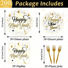 QOUBAI 200Pcs Happy New Year Party Supplies New Year Tableware Dinnerware Set Disposable Gold Paper Plates and Napkins Forks New Year Dinner Dessert Plate for New Year Eve Table Party Decoration Favor