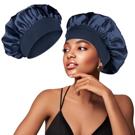 Mugust Satin Bonnet,1PC Silk Sleep Bonnets for Women, Adjustable Satin Night Sleeping Cap Soft Elastic Band Silk Bonnets for Sleeping, Hair Bonnet for Curly Hair Braid Women (Wide Side-Blue)