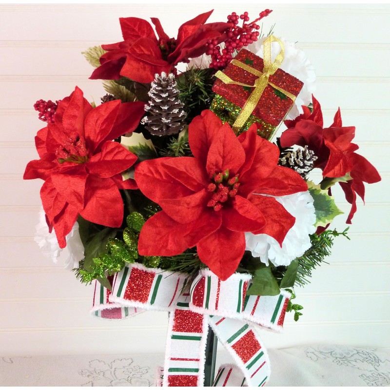 Poinsettia Cemetery Arrangement, Christmas Grave Flowers, Cemetery Flowers Christmas