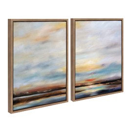 Kate and Laurel Sylvie Carolina Sunset Diptych Framed Canvas Wall Art Set by Mary Sparrow, 2 piece 18x24 Gold, Natural Beach Landscape Art Set for Home Wall Décor