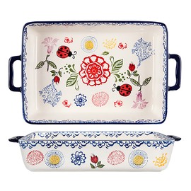 Bicuzat Vintage Style Flower and Butterfly Ladybug Pattern Bakeware Ceramic Casserole Dish Baking Pan Lasagna Pans Baking Dish with Handles for Oven to Table-1 PCS-A-Rec-Large