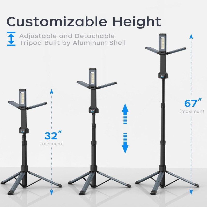 Rechargeable LED Work Light with Stand, 67" Tall Portable Cordless