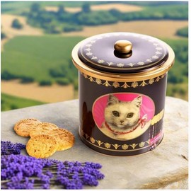 La Sablésienne, White Cat (Chat Blanc) ROUND Tin of Two French Pure Butter Cookie Assortments, 8.8 oz, Imported