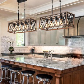 MUEOF Farmhouse Light Fixtures,5-Light Dining Room Light Fixture,Height Adjustable, Industrial Metal Kitchen Pendant Lighting Over Island, Chandelier for Dining Table Kitchen Sink, Wood Grain Finish.
