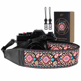 Padwa Lifestyle Camera Strap - 2" Full Grain Leather Ends Camera Straps for Photographers, Vintage Embroidered Cotton Weave Soft Suede Fabric Padded Strap Quick Release fits All Cameras