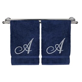 Pretty Monogrammed Navy Blue Turkish Cotton Bath Hand Towel Set of 2 with Embroidered Silver Script A | 16"x 30" Soft Terry Finish Extra Absorbent Quick Dry Luxury Bathroom Kitchen Spa Bath Towel