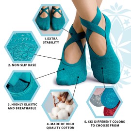 Maria-M Yoga Socks for Women, Non-Slip Grip & Grip Straps, Socks for Pilates, Yoga, Pure Barre, Ballet (US, Alpha, One Size, Regular, Regular, 2, Turquoise)