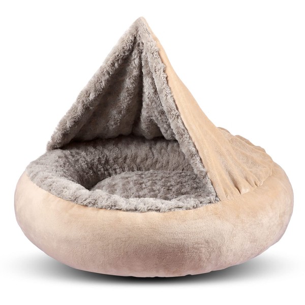 GASUR Small Dog Bed & Cat Bed, Round Donut Calming Dog Beds for Small Dogs, Anti-Anxiety Cave Bed with Hooded Blanket, Cozy Puppy Bed and Cat Beds for Indoor Cats, Machine Washable Pet Bed 23"