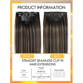 Caliee Seamless Yaki Straight Clip in Hair Extensions Human Hair 22 Inch Natural Black Mixed Chestnut Brown Seamless Yaki Straight Clip ins for Women Invisible PU Weft 115G 8 PCS Soft
