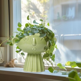 Fivepot Face Planter Pot - 7 Inch Ceramic Head Planter for Indoor Plants Outdoor, Cute Succulent Flower Pots with Drainage Hole, Room Home Garden Decor, Gardening Gifts, Green