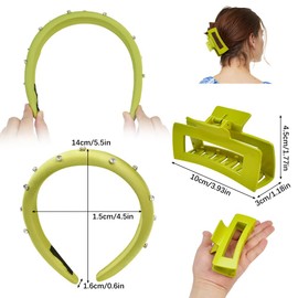 ADERTOS Women's Headband Satin Headband with Rhinestones Green Wide Hair Band Fashionable Headband and Hair Clip Rectangular Hair Clips Headpiece for Women and Girls