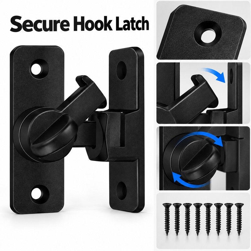 4-Piece Door Latch Set with Screws – 90-Degree Sliding Hook