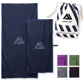 ALP & ACT Microfibre Towel Set of 2 – 100% Recycled – Extra Compact & Lightweight – 150 x 70 cm + 100 x 50 cm – Travel Towel, Large Beach Towel, Sports Towel – Microfibre Towels with Bag – Blue