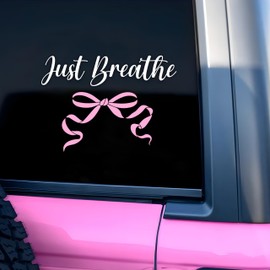Just Breathe Car Decal - Pink Bow, Mental Heath Decals, Catholic Bible, Christian Gift Car Accessories - Girly, Positive Inspiration -Vinyl Waterproof 8 Inches Bumper Sticker for Mom Dad Friend