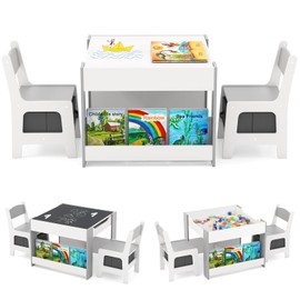 HONEY JOY Kids Table and Chairs, 4-in-1 Children Wooden Activity Set w/Double Bookshelves, Storage, Detachable Tabletop, for Art, Craft, Drawing, Reading, Gift for Toddlers 3-6 Years Old (Gray)