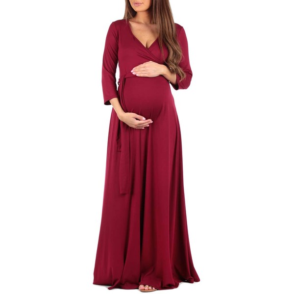 Mother Bee Maternity 3/4 Sleeve Faux Wrap Dress with Adjustable Belt Burgundy