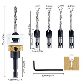6-Piece Countersink Drill Wood, 1/4 Inch Hex Shank, Countersink Wood with Depth Stop, with Hex Key, Drill with Countersink for Woodworking, Precise Drilling