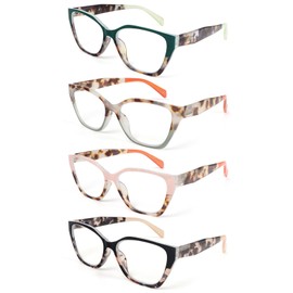 DXYXYO Cat Eye Reading Glasses for Women 4 Pack Floral Cute Spring Hinge Readers Blue Light Blocking, 3.5 Black+khaki+leopard+green