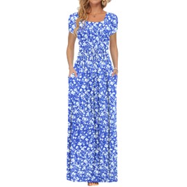 AUSELILY Women's Maxi Dresses with Pockets Petal Short Sleeve Square Neck Casual Long Dress 2025 Floral Blue White L