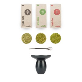 Bio Mate Tea Set ● 1 Ceramic Cuia + 1 Bombilla + 3 Mates + Preparation Instructions ● Organic + Fair + Air Dried ● (Black)