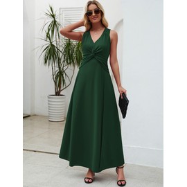 XEB Wedding Guest Dresses for Women 2025 V Neck Formal Dresses for Women Sleeveless Evening Gowns Pleated Cocktail Elegant Ruffle-Dark Green-M