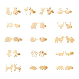 Crafans 16 Pairs Animal Stud Earrings 16 Style Stainless Steel Dog Cat Paw Print Elephant Dinosaur Bear Flamingo Swan Cute Earrings Packs for Teen Girls Women, Golden