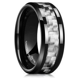 King Will 8mm Black Tungsten Carbide Wedding Ring Silver Carbon Fiber Inlay Wedding Band Rings for Men Polished Finish Edges Comfort Fit 14