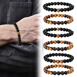 YADOCA 6 Pieces 8 mm Men's Bead Bracelet Set Tiger's Eye Natural Stone Yoga Healing Stretch Bracelet for Men Women Adjustable, Stone