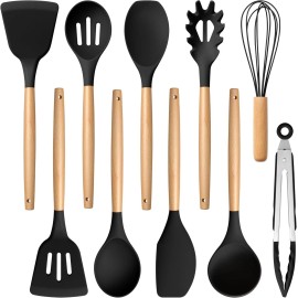 Unbranded KITCHEN UTENSIL SET 10 PCS, HEAT RESISTANT, NON STICK, SILICONE & WOOD MATERIAL