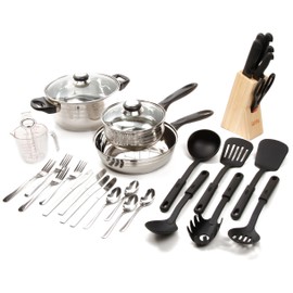 Gibson Home Back to Basics Stainless Steel Cookware Set, 32-Piece , Stainless Steel