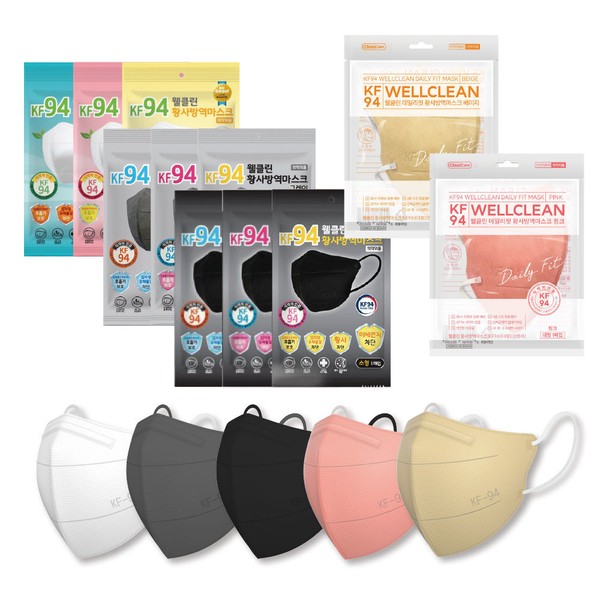 Wellclean KF94 Yellow Dust Quarantine Mask White/Black/Gray/Beige/Pink (Large/Medium/Small) 40 sheets/50