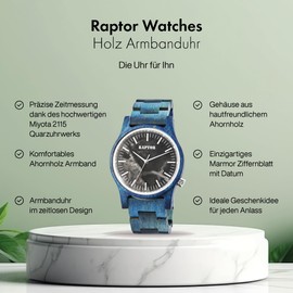 Raptor RA20322 Unisex Wooden Watch Date Folding Clasp Natural Analogue Quartz, blue, Bracelet