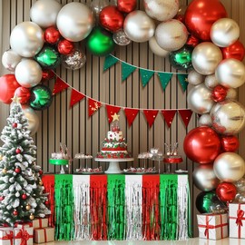 2 Pack Christmas Table Skirts, 29x108" Red & Silver & Green Metallic Foil Tinsel Fringe Table Skirts for Rectangle Tables Streamer Curtain Backdrop, Party Decoration for Xmas Birthday Wedding Holiday