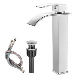 Airuida Vessel Sink Faucet Chrome Polish Tall Waterfall Bathroom Sink Faucet Single Handle Single Hole Bathroom Faucet One Hole Lavatory Vanity Mixer Tap with Pop Up Drain and Supply Hoses