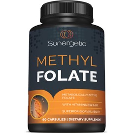 Sunergetic Premium Methyl Folate Supplement – with Methylated Vitamin B12 and Vitamin B6 – Metabolically Active Folate as Magnafolate - Methylfolate 400 mcg per Capsule – 60 Capsules