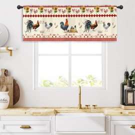 Miyotaa Rustic Rooster Vintage Kitchen Curtain Valance 54W x 18H Rod Pocket Retro Chicken Red Plaid Country Farm Raural Window Treatment for Living Room Bedroom Bathroom