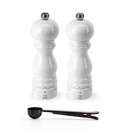 Peugeot Paris u'Select 6 Setting Manual Salt & Pepper Mill Set With Black Stainless Steel Spice Scoop Made In France (White Lacquered, 7- Inch)